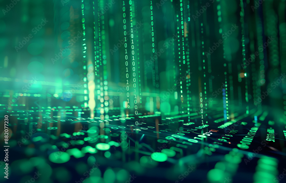 Poster digital binary code data streaming on a dark, greenish abstract background, reflecting the concept o