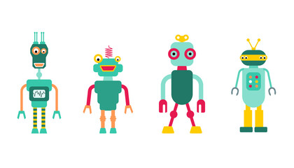 Robot set. Toy robots collection. Retro style cute robot character illustration set.
