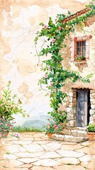 Fototapeta premium watercolor vintage scrapbook junk journal page, copy space in center, watercolor clipart of Stone House with Ivy Climbing and flowers on the Walls on parchment paper, for Junk Journal, Digital Paper