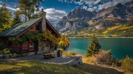 Fototapeta premium A warm and comfortable cabin in Canada during the fall and winter, with a view of the beautiful emerald green Lake Waterton in Waterton Lakes National Park.