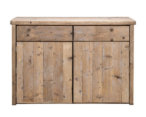 cabinet with rough recycled wood planks with two doors and two drawers. Isolated white background