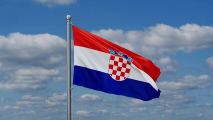 Croatia flag waying in the wind against the running clouds on blue sky, close-up flag video - Powered by Adobe