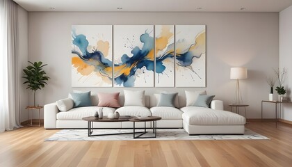 A modern living room with a large white sofa, a patterned rug, and abstract artwork on the walls. 