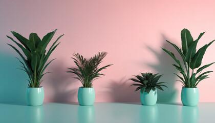 Obraz premium Gradient background in turquoise and pink tones with flower pots, space for copy, empty space for text