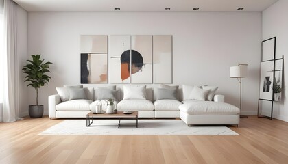 A modern living room with a large white sofa, a patterned rug, and abstract artwork on the walls. 