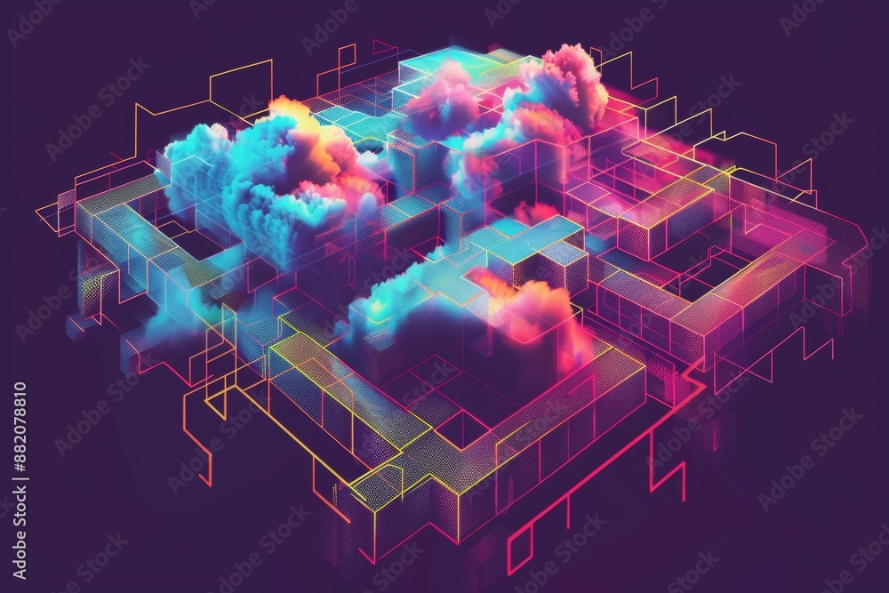 Poster a pixelated cloud dissolving into a rain of data, representing the ephemeral nature of cloud storage