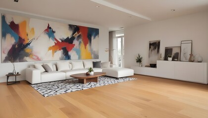 A modern living room with a large white sofa, a patterned rug, and abstract artwork on the walls. 