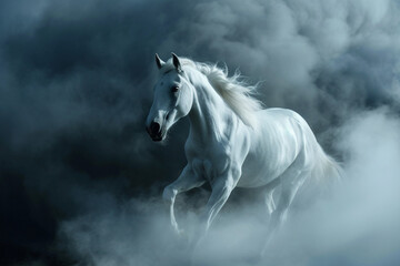 white horse bursting through clouds, cinematic, night time, 