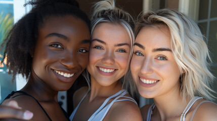 Fototapeta premium A portrait of three beautiful smiling multiethnic young women posing together, one is black and the other two white with blonde hair, they have different skin tones, they all wear casual summer
