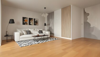 A modern living room with a large white sofa, a patterned rug, and abstract artwork on the walls. 