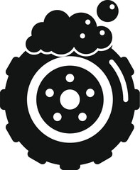 Black simple icon of a car tire being washed with soap, isolated on a white background