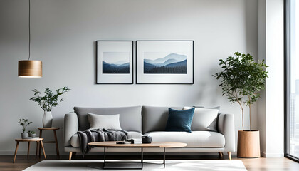 Living Room Interior with Natural Light, Wall Art and a Grey Sofa - Generative AI