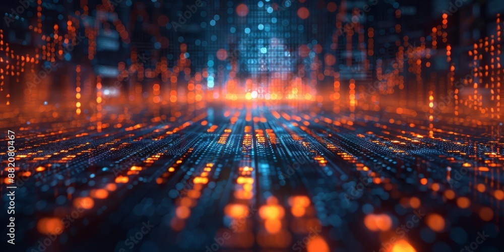 Poster in a futuristic setting, there are red and blue lights in abstract digital data streams on a dark ba