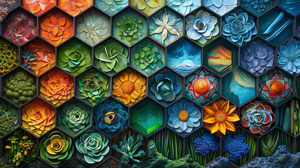 Colorful Hexagonal Floral Flower Arrangement with Nature Elements Background Wallpaper Graphic