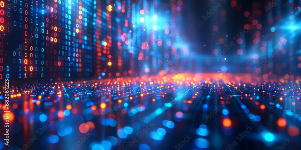 Poster in a futuristic setting, there are red and blue lights in abstract digital data streams on a dark ba