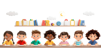 Kids in classroom, back to school scene, students learning and studying, educational environment, primary education setting, png file, isolated on white