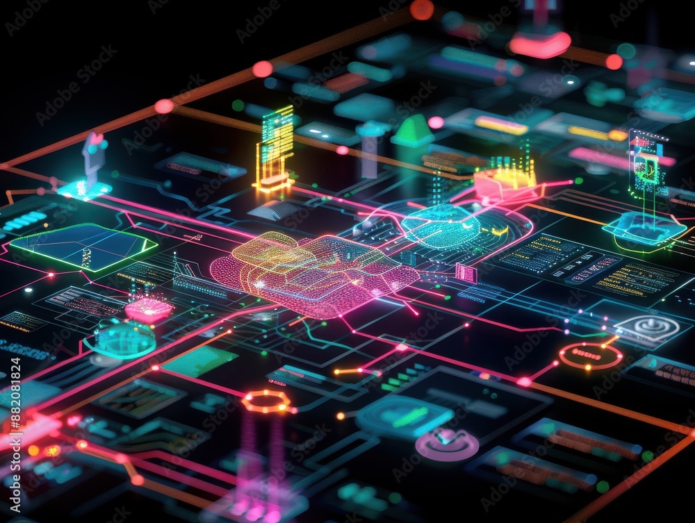 Aufkleber A vibrant data visualization showing the detailed flow of information through an operation network with robust backup systems