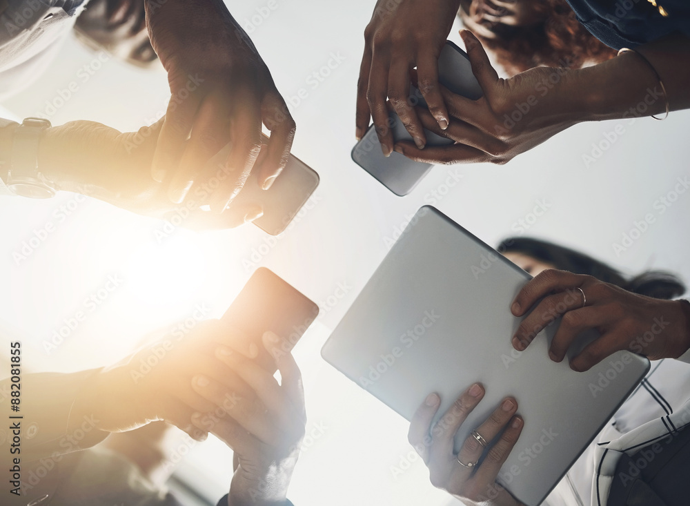 Aufkleber technology, business and hands of people in circle for data sharing, meeting or collaboration with c