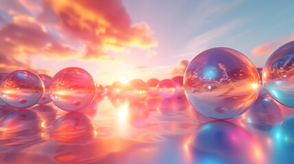 Colorful Reflective Bubbles in Serene Sunset Landscape