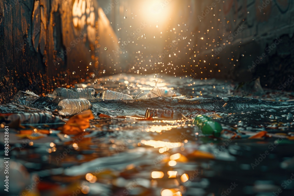 Poster A small pool of water with various forms of trash scattered around its edge