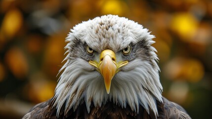 Majestic bald eagle in stunning detail, focusing on its piercing eyes and sharp beak