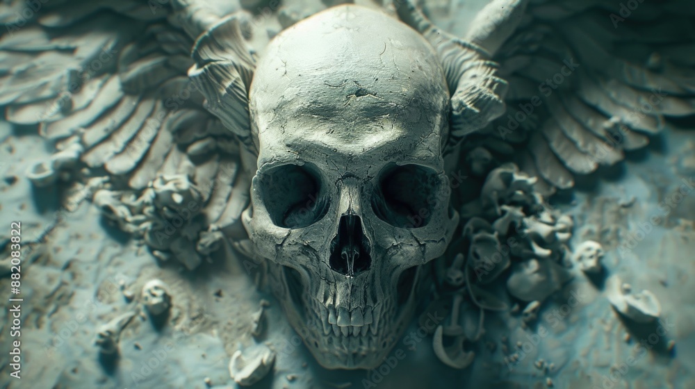 Poster a close-up image of a skull with wings, suitable for use in horror or fantasy contexts