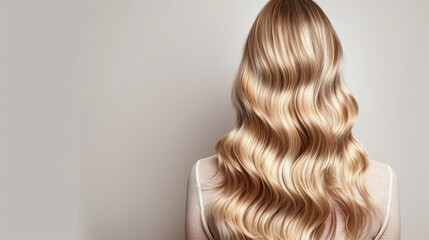 Fototapeta premium Back view of a woman with long wavy blonde hair in a studio