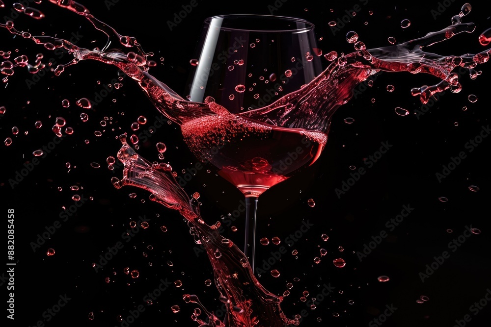 Poster A glass filled with red wine is being splashed with water, creating ripples and waves