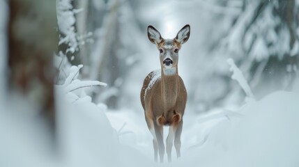 Deer navigating through a snowy forest, illustrating winter adaptation and the challenges of survival in the cold, natural wildlife behavior