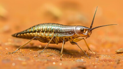 Close-up of a metallic-colored insect with long antennae, walking on red soil.
