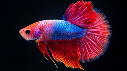 Fototapeta premium A vibrant betta fish with red, orange, blue, and pink scales against a black background.