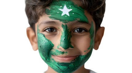 Kid with Pakistani flag painted on his face, Pakistan Independence Day celebration, patriotic child, national pride and joy, png file, isolated on white