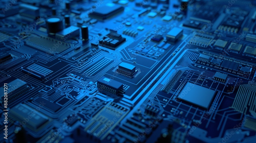 Poster blueprint close-up of a server blade, emphasizing individual processors, memory modules, and intrica