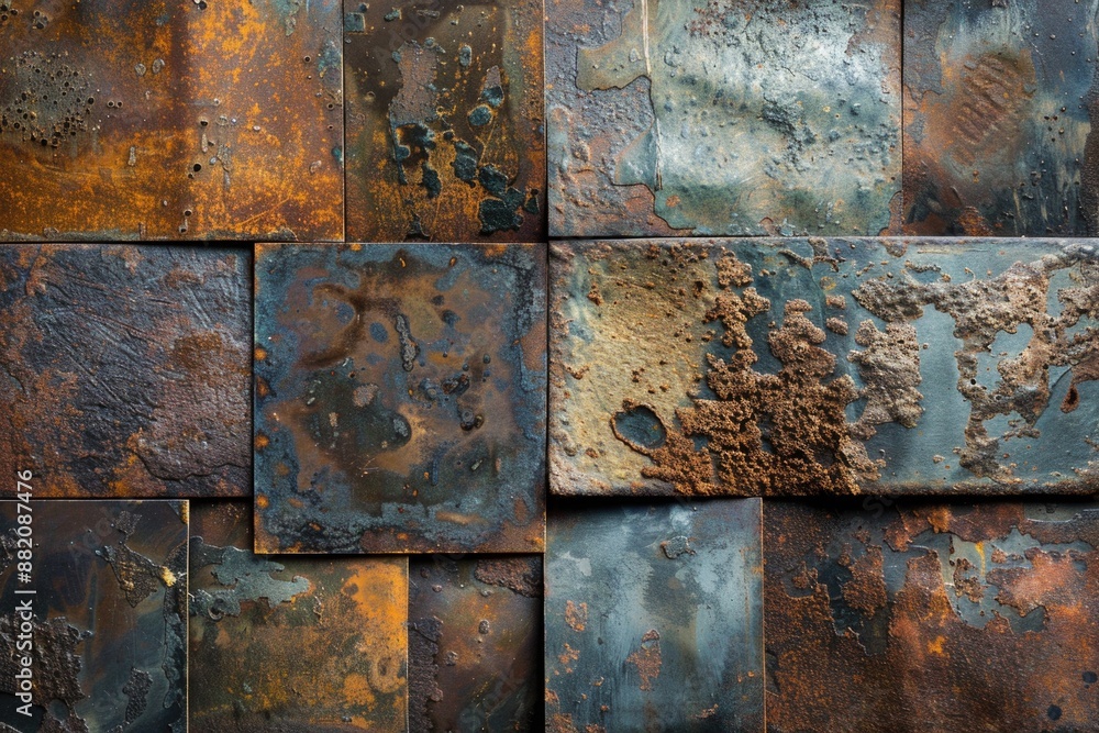 Poster a close-up shot of rusty metal tiles on a wall, perfect for use in industrial or architectural conte