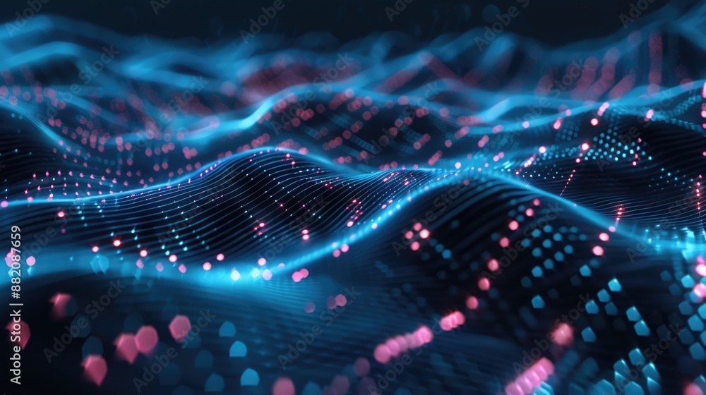 Poster a futuristic scene with a wavy pattern of blue and pink lights, great for technology or innovation c