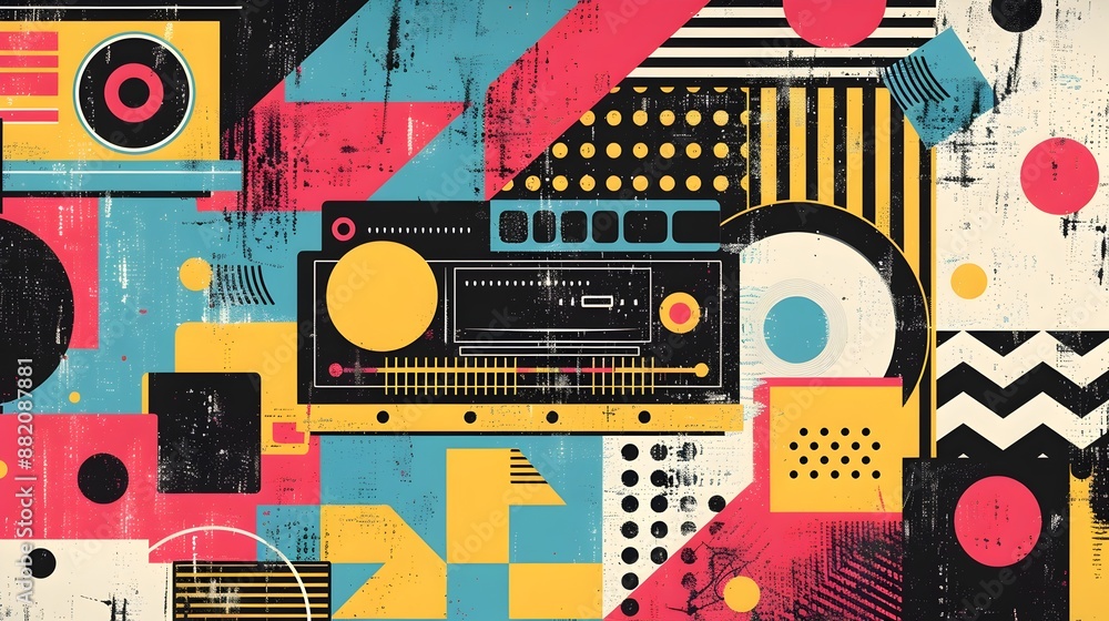 Poster vibrant geometric abstract collage with retro pop art elements and playful digital patterns
