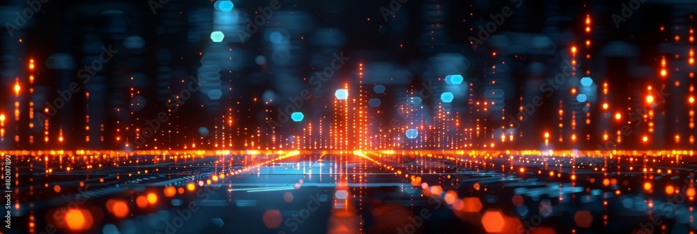 Poster a futuristic digital cityscape illuminated by glowing lights and data streams in a high-tech environ
