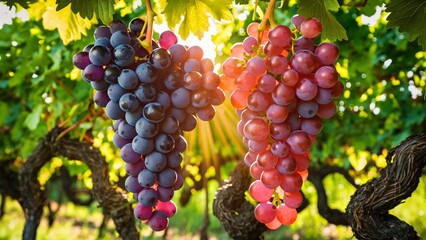 Harvest Radiance: Sunlit Clusters of Purple Grapes in a Verdant Vineyard