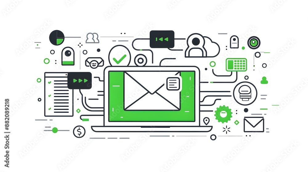 Poster digital technology and communication workspace visualized with modern laptop and interface icons