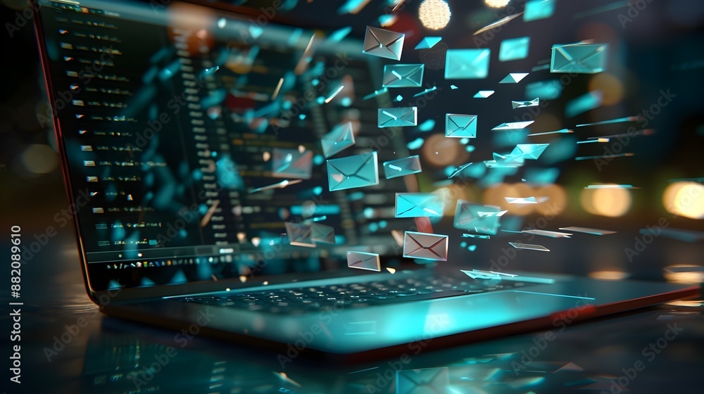 Aufkleber laptop in abstract digital landscape with futuristic code and data visualization