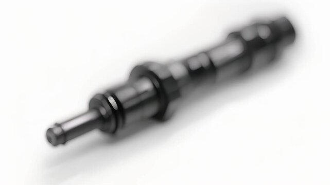 An angled shot of a fuel injector showcasing the sleek and modern design with a glossy black finish.