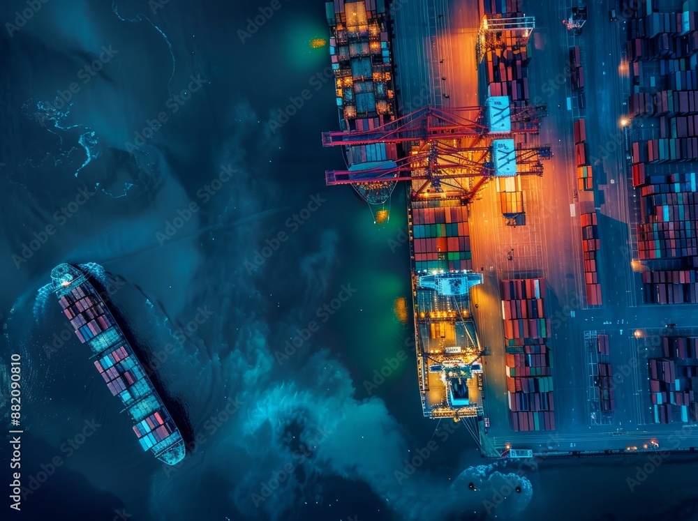 Poster international port at night with crane loading containers in import export business logistics.