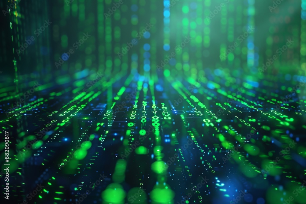 Poster An image exhibiting binary code data displayed on a laptop computer's screen. Data flow matrix. A new era of big data and stock. Stock data transfer. Digital concept. Blue light defocused on a white