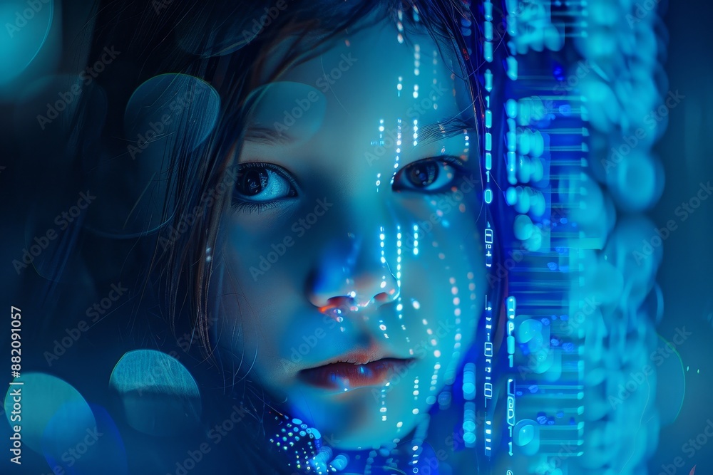 Aufkleber new technologies, a child uses a futuristic processor for augmented reality. communication and techn