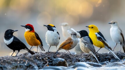 Diverse bird species in a newly transformed habitat, highlighting ecological change and adaptation, dynamic environment
