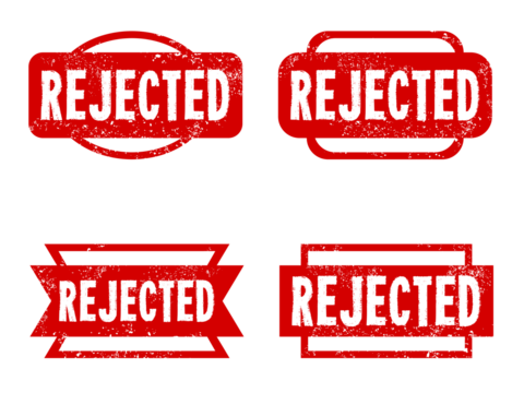 Rejected rubber stamps set. Grungy red stamp text. Transparent PNG.