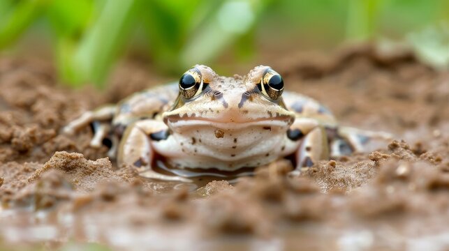 Dormant frog in a muddy pond, capturing the essence of torpor and inactive periods in amphibians, peaceful natural setting