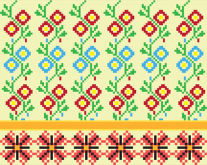 Geometic fabic ethnic illustration ,seamless pattern with flowers.