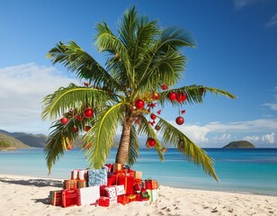 Sunny Christmas: Decorated Palm Tree and Presents by the Ocean