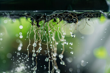 Water droplets on aeroponic roots, promoting efficient water use